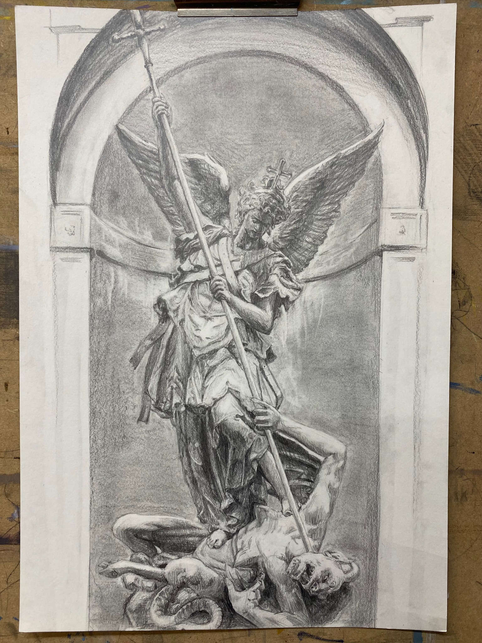 Graphite study of a winged sculptural figure holding a long spear