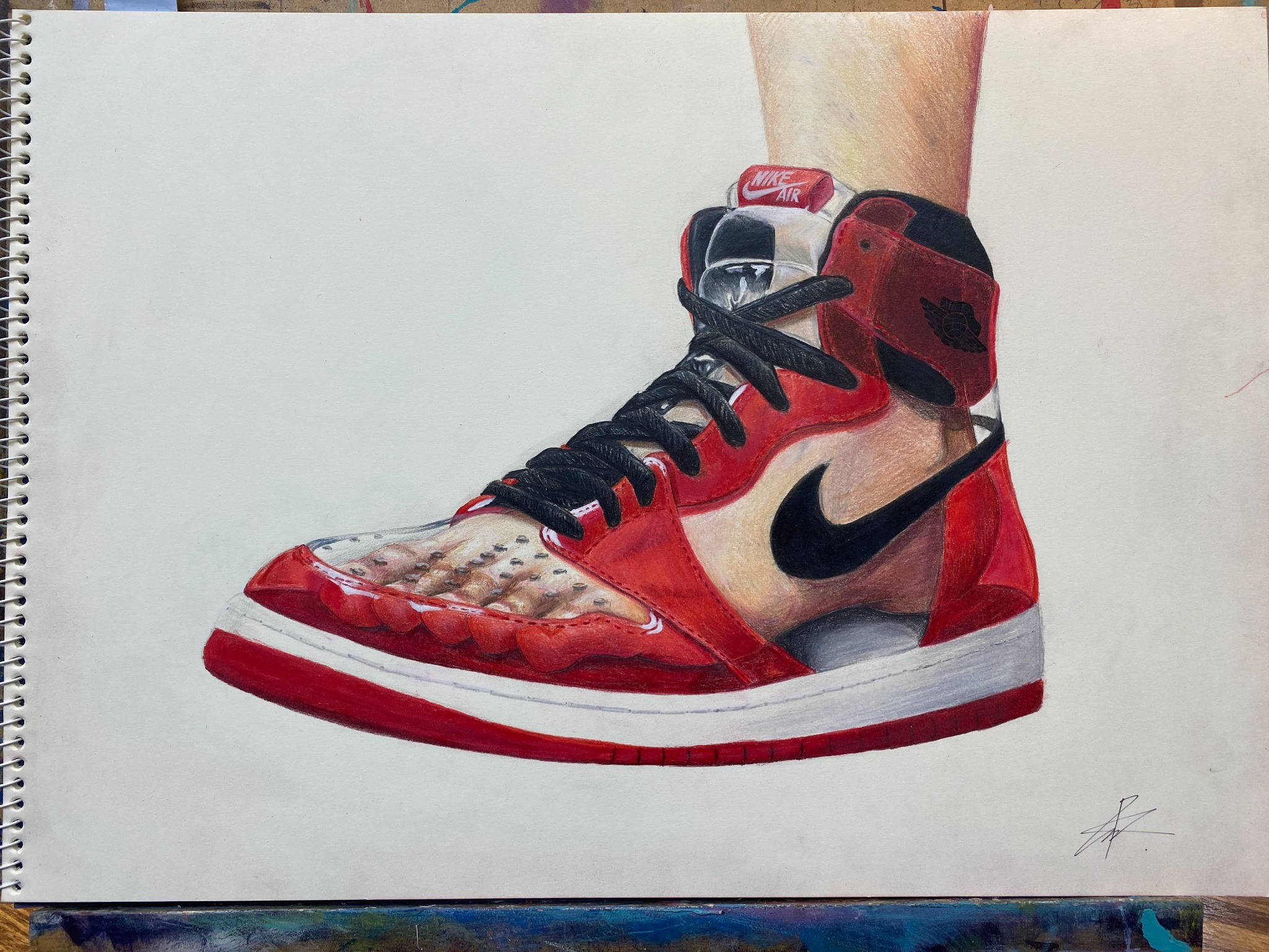 Detailed drawing of a red, white and black high-top sneaker